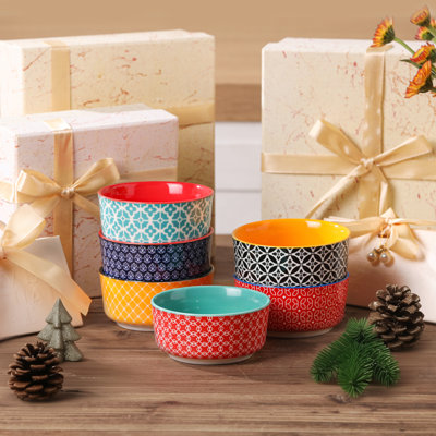 Dowan 6-Piece Ceramic Ramekins Set, Geometric Pattern Baking Dishes