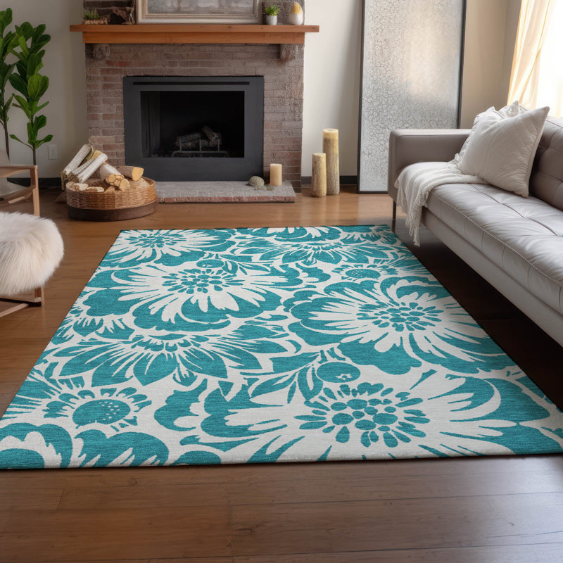 Premium Machine Washable Cerrito AMF551 Teal 5' x 7'6" Rug, Rectangle 5' x 7'6"