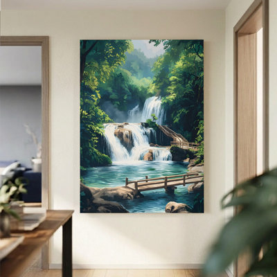 Tableau numérique vibrant représentant un pont et une cascade en forêt, impression sur toile tendue sur châssis, 61 x 91 cm (24 x 36 pouces), décoration murale paysagère verte et turquoise pour salon, bureau et chambre.