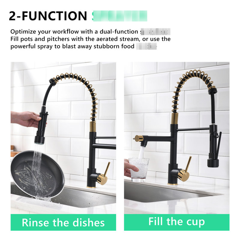 Kitchen Faucet With Pull Down , Matte Black And Gold, Single Handle, 360 Rotatable, For Use Faucet, Lever, Rotation, Sink