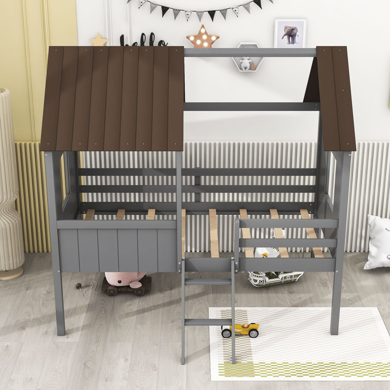 Lit mezzanine simple en bois avec échelle intégrée Adalrik Kids, Gris / brun