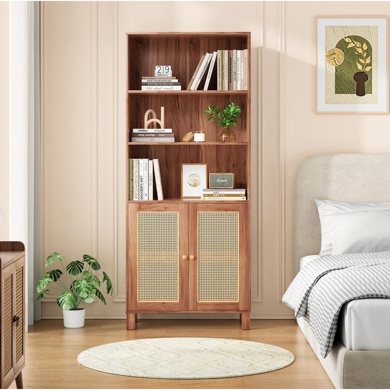 Tall Bookcase with Rattan Doors, 5 Tier Storage Wood Shelves Large Bookshelf for Library, Living Room, Bedroom, Home Office - Freestanding Organizer with Adjustable Shelves, Natural Accent Cabinet
