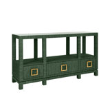 Open Shelf Console With Three Bottom Drawers And Square Satin Brass Hardware In Dyed Blue Grasscloth