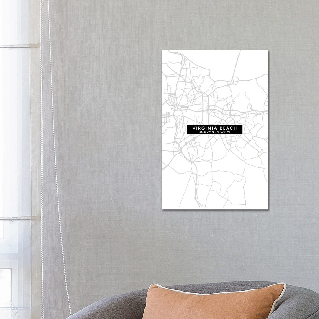 Virginia Beach Stadtplan Minimal Style von WallDecorAddict - Galerie-umwickelte Leinwand Giclée auf Leinwand