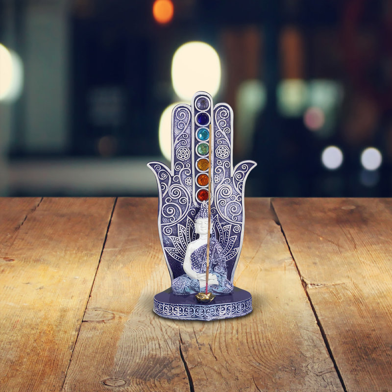 Brûleur d'encens H 6 "avec paume de Bouddha bleue et blanche