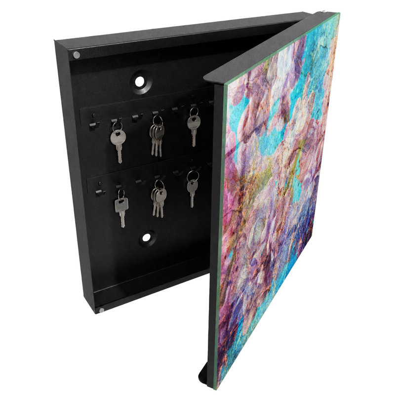 Key cabinet, Opens to the right, 30x30x5, Black, Flowers in shades of purple on a blue background, 