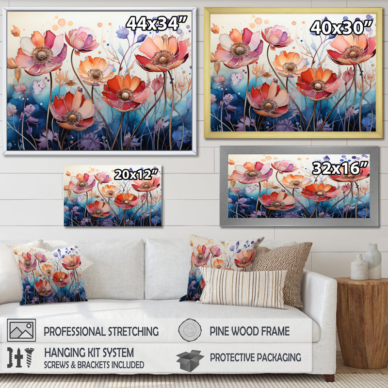 «Red Blue Botanical Serenade - Abstract Botanicals», reproduction d'art sur toile, L 40 po x H 30 po, Cadre flottant doré