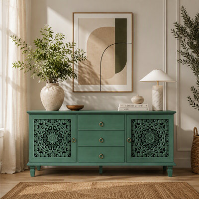 Farmhouse Vintage Storage Cabinet TV Stand with Hollow Carved Doors Drawers Adjustable Shelves