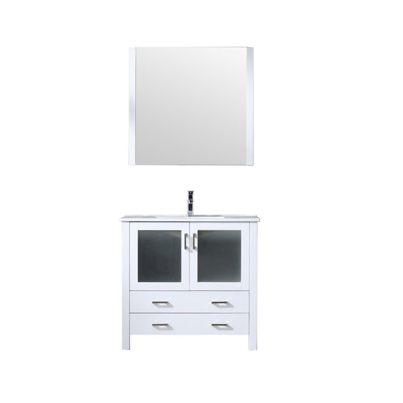 Volez 36 in W x 18.25 in D Single Bath Vanity, White Ceramic Top, 34 in Mirror and Chrome Faucet Set, White