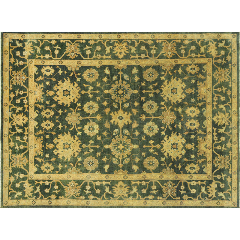 Tapis décoratif bleu oriental noué à la main en laine Kirtley, Rectangle 9 pi 6 po x 13 pi 6 po