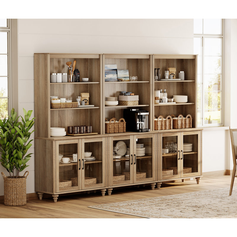 Buffet avec bahut, buffet avec portes en verre et étagère à 5 niveaux, 101 po, Chêne