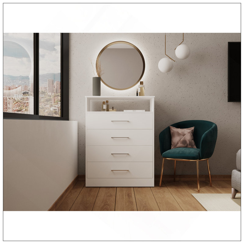 Commode, quatre tiroirs, une tablette, plateau supérieur, blanc