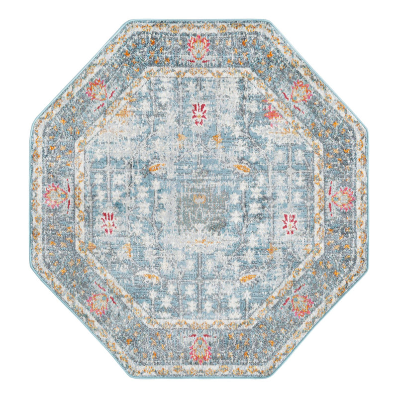 Tapis bleu à motif floral Haefner, Octogone 4 pi x 4 pi