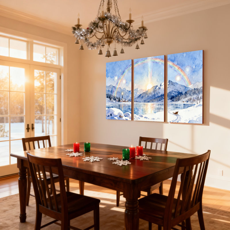 «Christmas Winter Landscape Rainbow Snowy Mountains Lake Reflection Sleigh Trail», ensemble de 3 impressions d'art sur toile