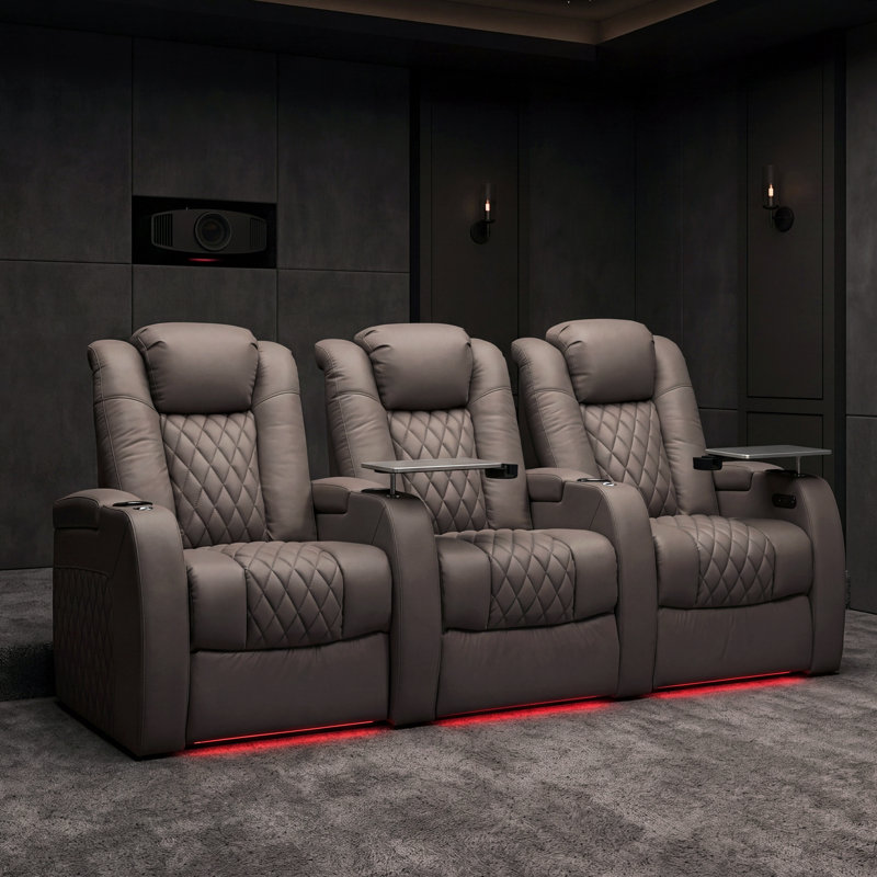 Siège de cinéma en cuir Ahlaya avec porte-gobelet, Cuir véritable gris
