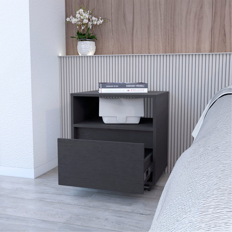 Nightstand, Top Open Shelf, 1 Drawer, Black