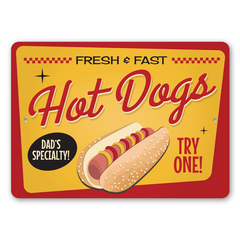 Plaque en aluminium «Dad's Specialty Hot Dogs», H 12 po x l 18 po x P 0,06 po