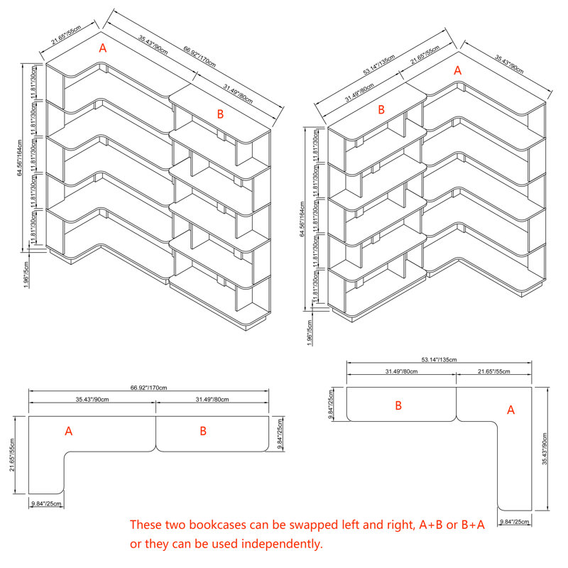 Ensemble de bibliothèque à combinaison libre 66,93 "x H 64,57" - Unité de coin + tablette extensible - Aménagement peu encombrant et flexible - Pour le bureau à domicile / le salon