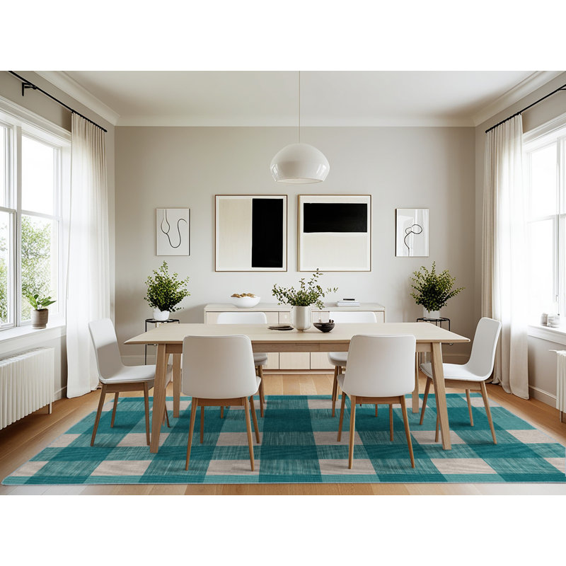 Tapis bleu à carreaux lavable à la machine, Rectangulaire 7 pi x 10 pi