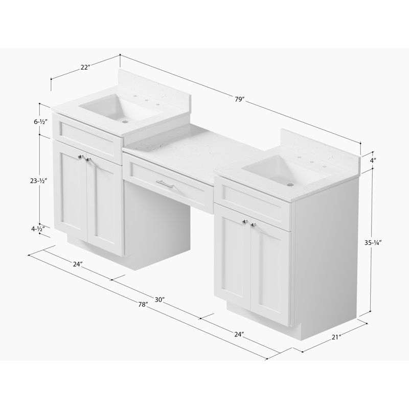  Meuble-lavabo double 79 po avec plateau 79 po, Blanc