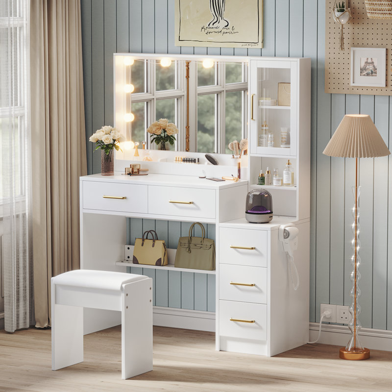 Ensemble de coiffeuse 35 "avec miroir lumineux, prises électriques, 5 tiroirs et armoire, blanc