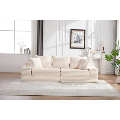 Oversized Boneless Four Seats Sofa With Cup Holder And Side Pockets, Upholstered Corduroy Sofa Bed Cloud Couch With 3 Pillows, 2 Lumbar Pillows