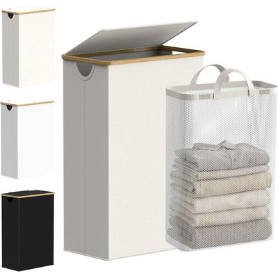Panier à linge mince avec couvercle et sac à linge amovible, panier à linge étroit avec poignées en bambou pour la salle de bain, la chambre à coucher et la salle de lavage, beige