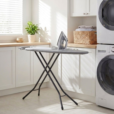Ultra Ironing Board, 4-Leg, with Steel Top and Iron Rest, Cotton Cover with Fiber Pad, Heat and Stain Resistant, Matte Black Frame, Grey Cover