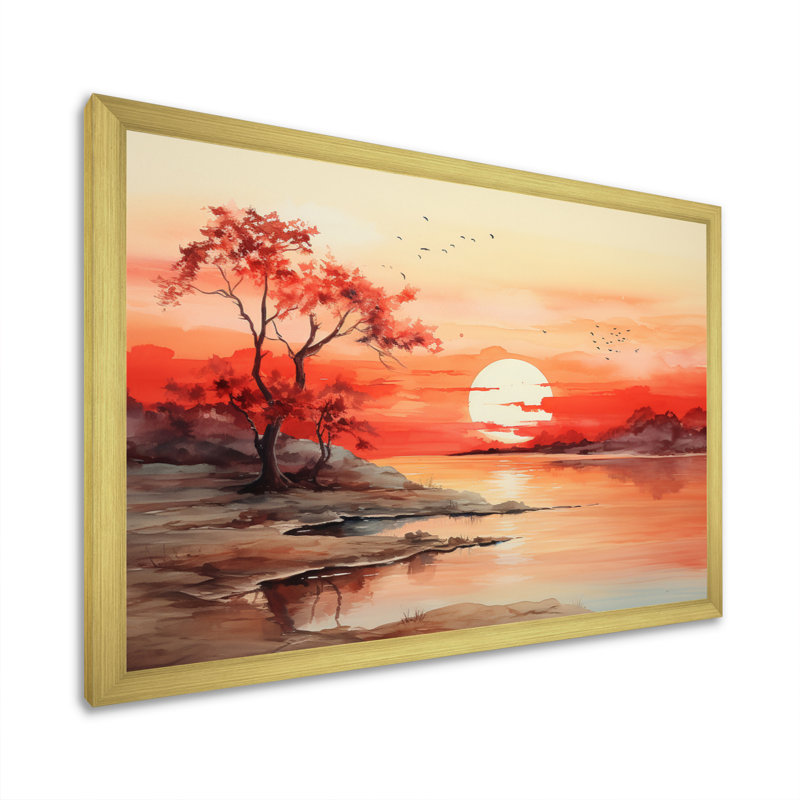 Reproduction d'art mural «Peach Brown Sunrise Splendor», H 16 po x l 32 po x P 1 po, Cadre photo doré simple