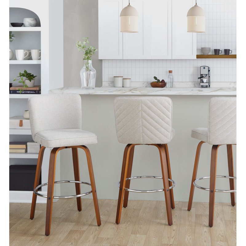 Tabouret de bar avec pivot en bois et tissu avec repose-pieds rond en métal chromé - ensemble de 2, Beige