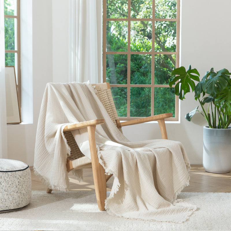 MooMee 100% Cotton 4-Layer Gauze Throw Blanket with Tassel Fringe Lightweight Breathable Ultra Soft, Beige, Queen (90" x 90")