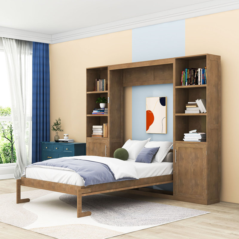 Grand lit escamotable en bois avec tablettes et armoires de rangement