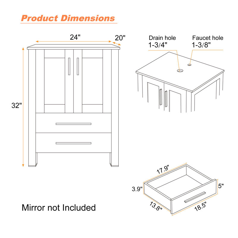 Ensemble de meuble-lavabo simple 24 po avec lavabo vasque, robinet et drain, Noir