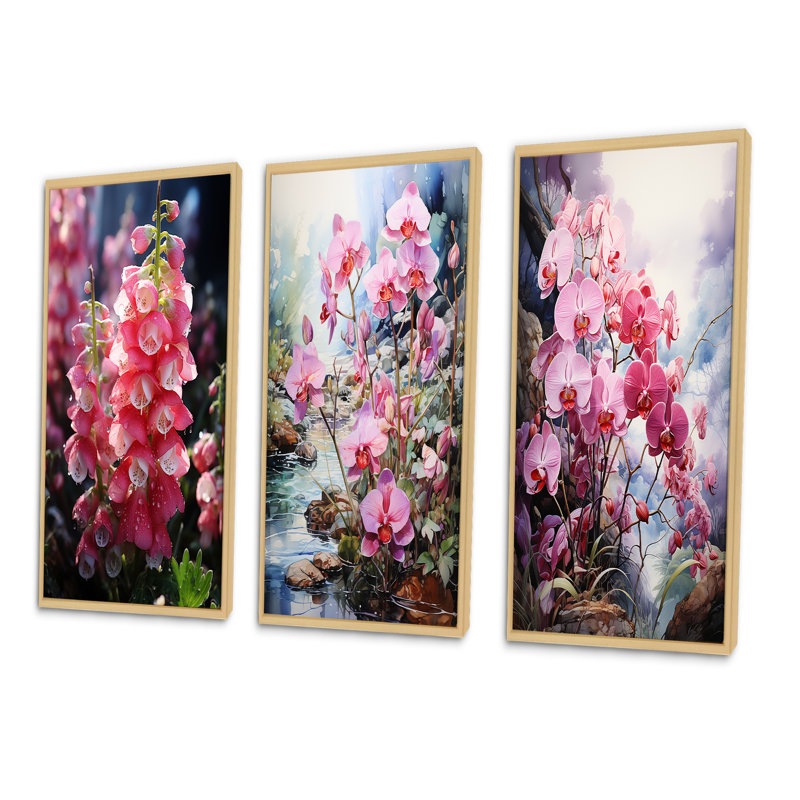 «Meadow Foxglove Fantasy», 3 pièces sur toile, Cadre naturel flottant, H 28 po x l 36 po