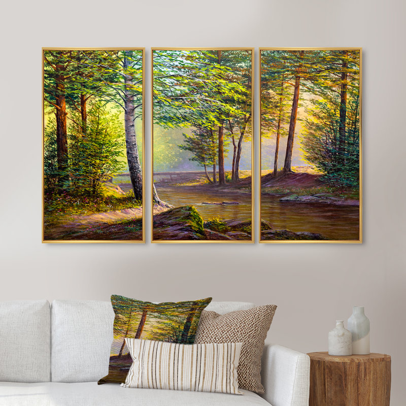 «Morning Sunlight Through The Awakening Fir Forest», peinture sur toile 3 pièces, H 20 po x l 36 po, Or