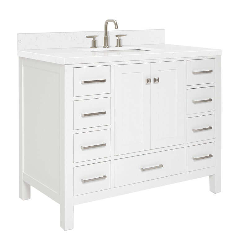 Cambridge 42.25'' Single Bathroom Vanity with Carrara Quartz Top, White / Brushed Nickel
