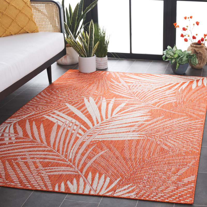 Pekalongan Floral Machine Woven Polypropylene/Polyester Indoor / Outdoor Area Indoor/Outdoor Area Rug in Orange/Ivory