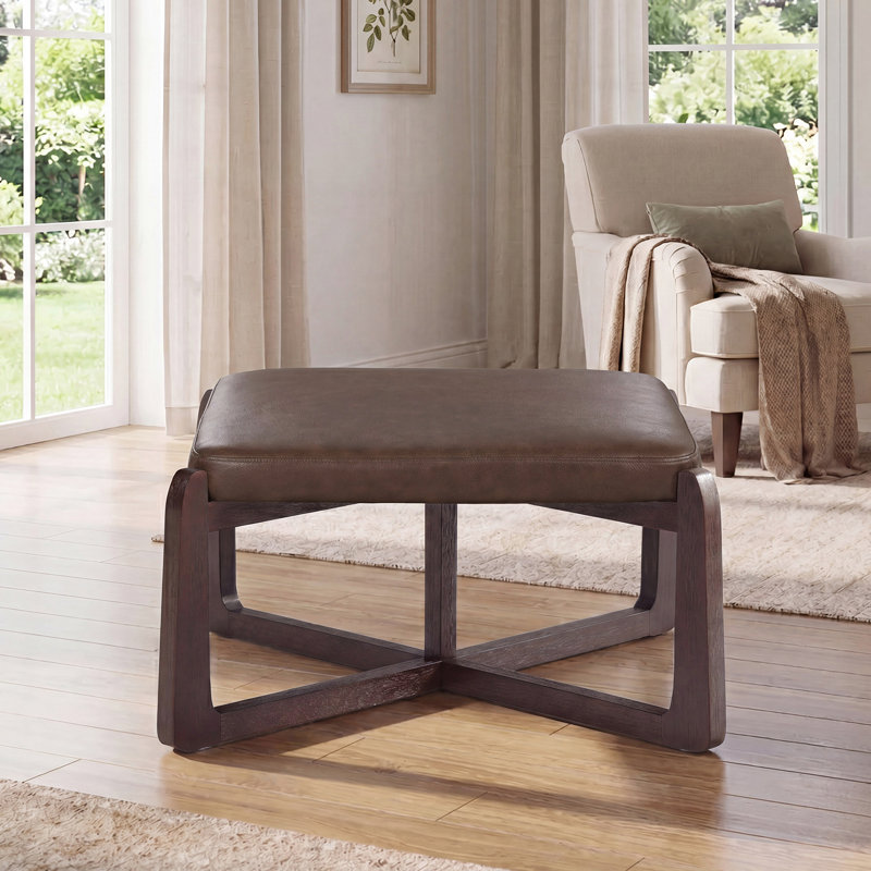 24" Wide Faux Leather Upholstered Square Ottoman, Dark Brown