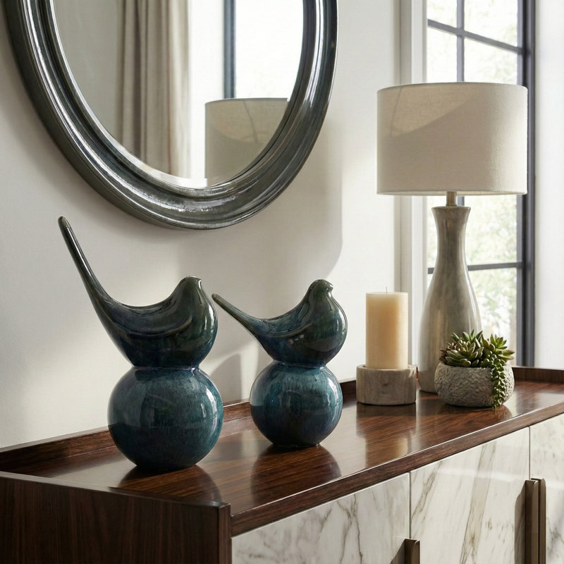 Decorative Ceramic Bird Statues for Home Decor - Modern Sculpture Accent for Desks or Living Room Decoration - Set of 2, 9", 7", Blue