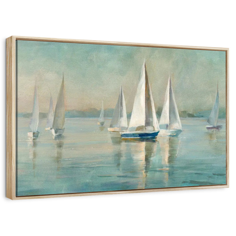 Voiliers au lever du soleil, Cadre flottant en bois naturel, 40 po x 27 po