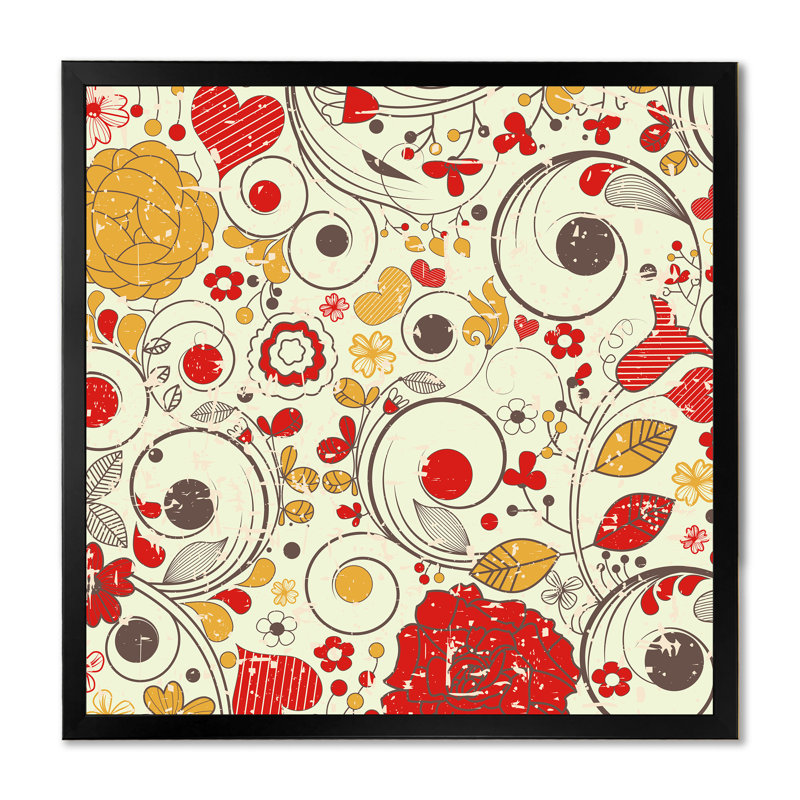 Fleurs rétro en rouge et orange - œuvre d'art traditionnelle sur toile, H 16 po x l 16 po x P 1 po