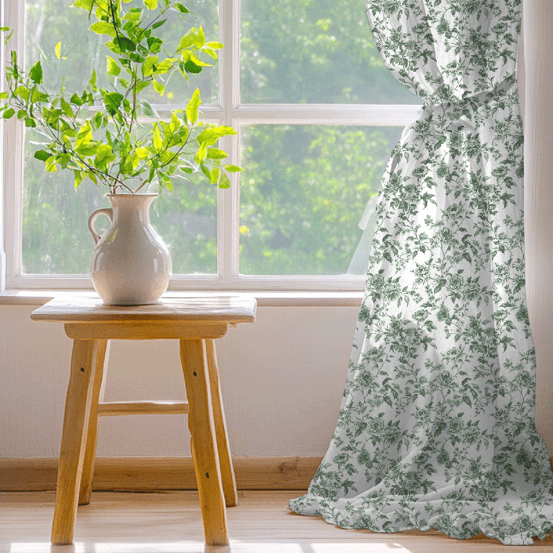  Floral Curtains for Living Room, Semi Sheer Linen Curtains Light Filtering Farmhouse Back Tab Rod Pocket Window Drapes,2 Panels