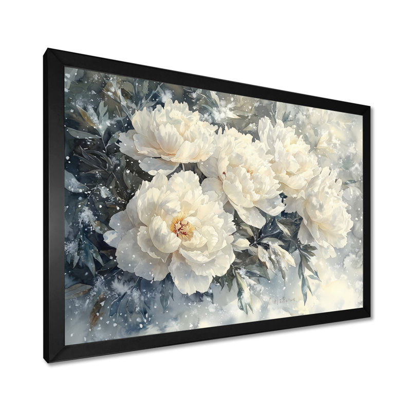 «Snow Draped Peony Blooms II» - pivoines, art mural, Cadre simple noir, H 24 po x l 32 po