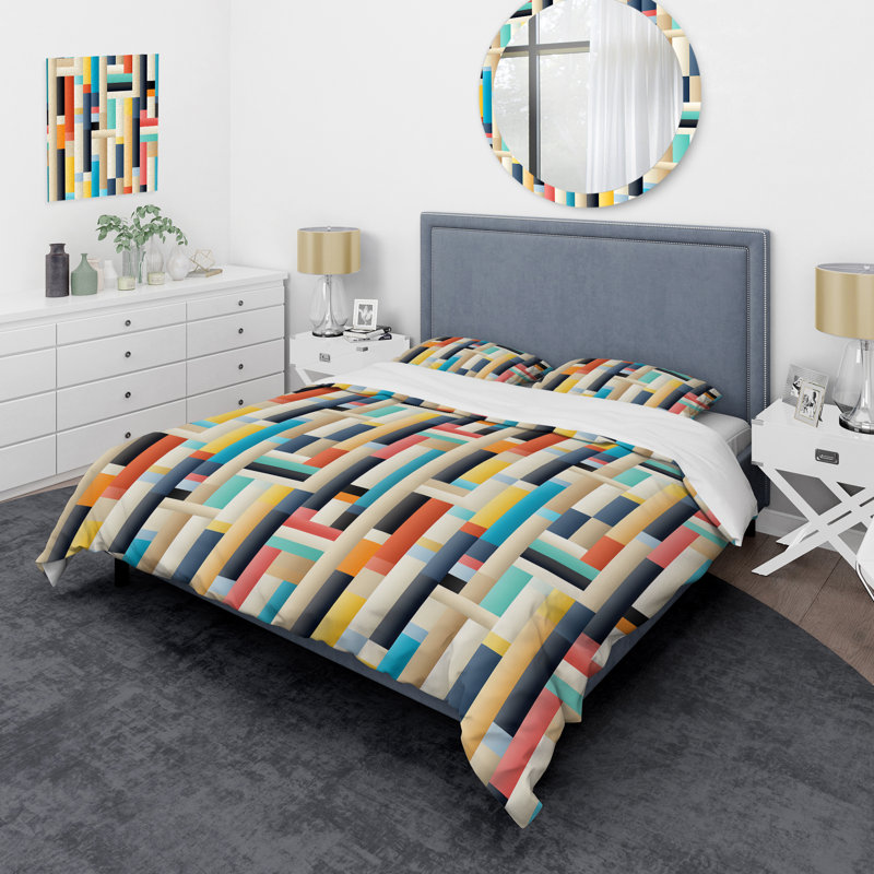 Ensemble de housse de couette en microfibre bleu / beige / jaune Modern Bold Stripes