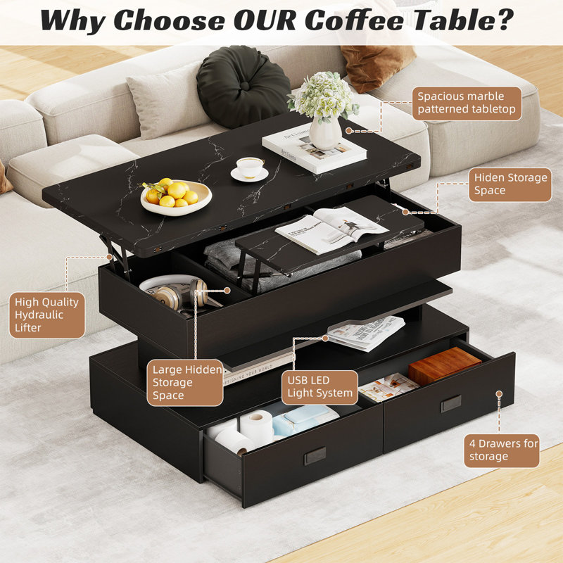 Table basse à plateau relevable avec bande lumineuse à DEL, 4 tiroirs et compartiment caché, Noir
