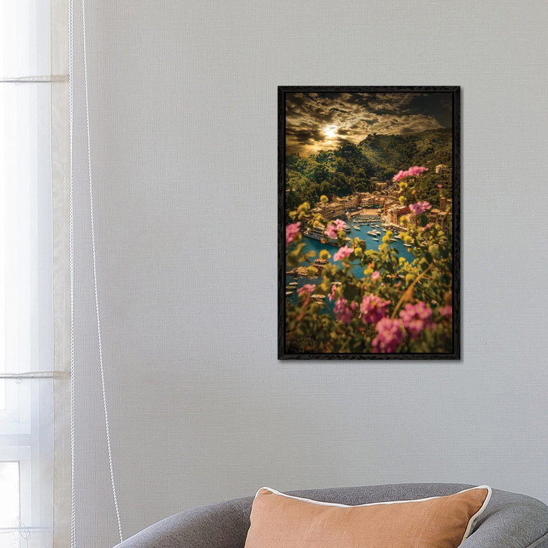 Portofino With Flowers by Enzo Romano - Print on Canvas, 66.04cm H x 45.72cm W x 3.81cm D, Black Framed