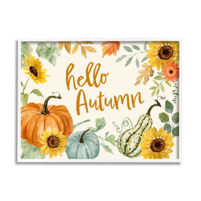 «Hello Autumn Orange Calligraphy Fall Plants Border Black», estampe numérique encadrée de Victoria Barnes