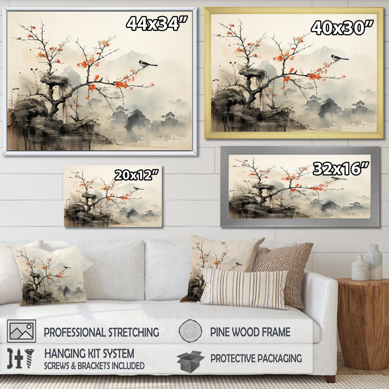 «Asian Art Sumi Bird Serenity XIX» - Art asiatique sur toile, art mural, 34" H x 44" W, Encadrement argenté
