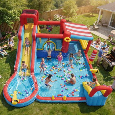 Adam 15.53FT X 12.8FT Outdoor Inflatable Water Slide For Kids W/ Dual Slides, 2 Splash Pools, Climbing Wall & Water Cannons, Wet/Dry Combo, 550W Blower Included