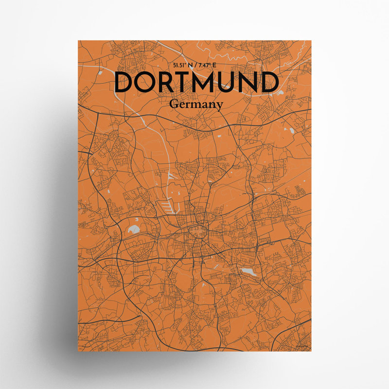 Dortmund City Map in Orange 1 Piece Wall Art, 24cm H x 18cm W x 0.05cm D